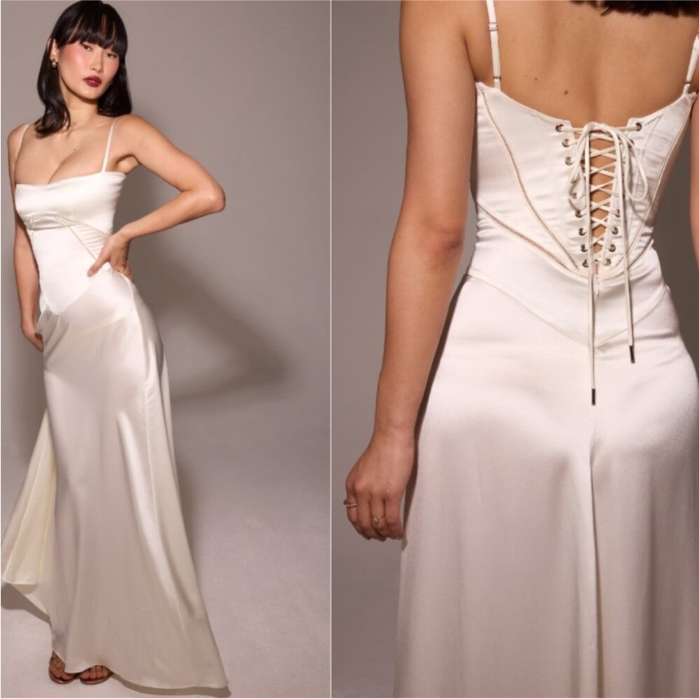 House of CB L A-C 'Anabella' Ivory Satin Lace Up Maxi‎ Dress NWOT - Picture 14 of 15